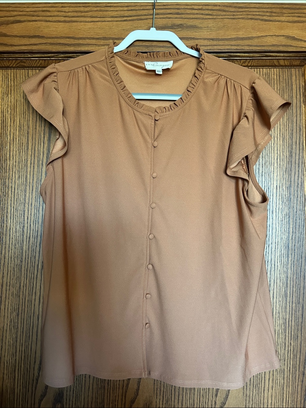Rust Brown Ruffle Sleeve Button-Front Top
